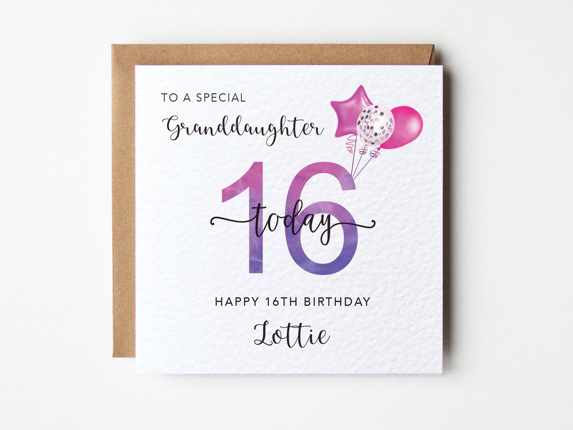 16th birthday card for a special granddaughter with balloons and personalized name on a white background
