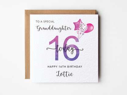 16th birthday card for a special granddaughter with balloons and personalized name on a white background