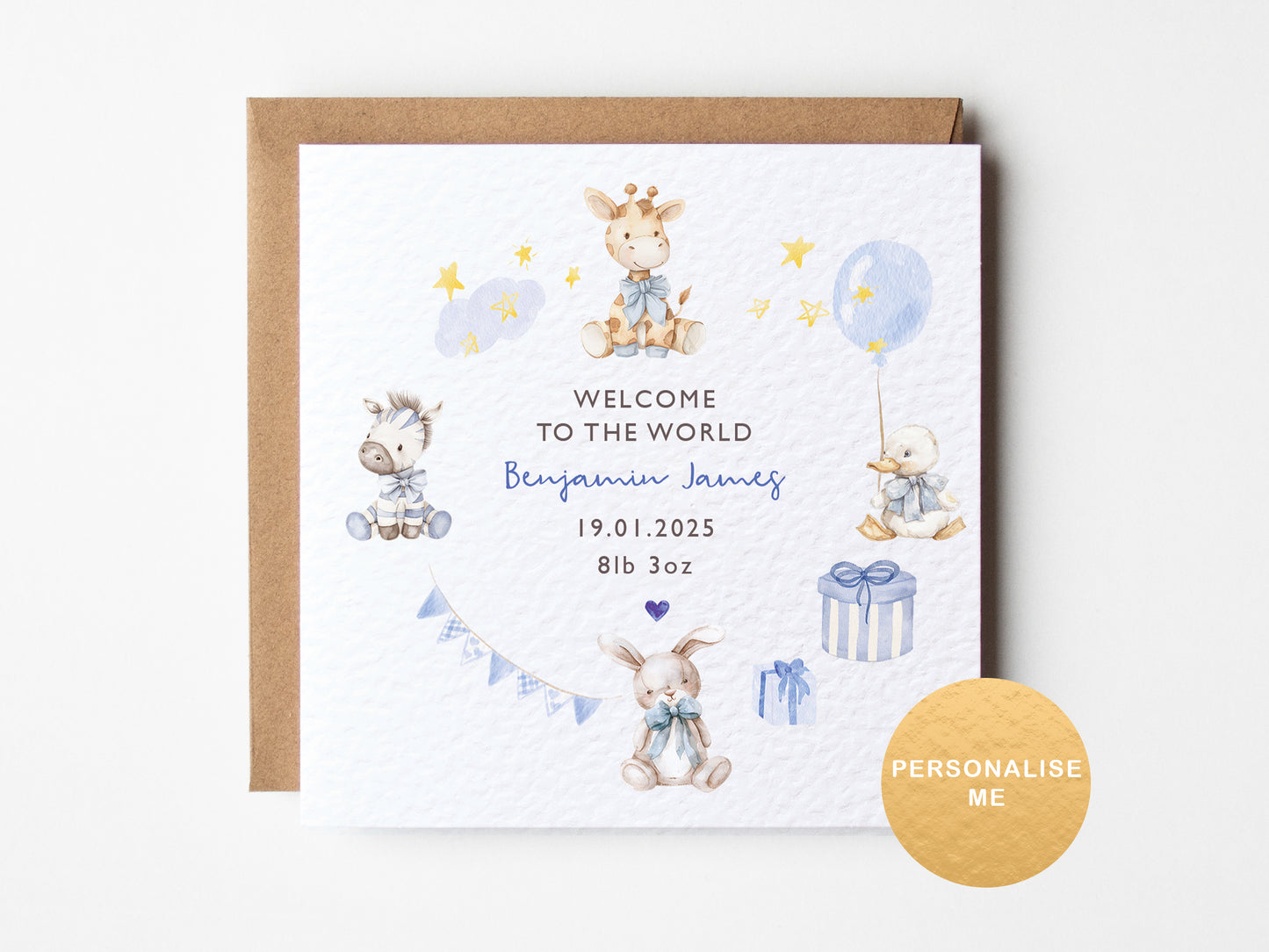 Newborn baby card with cartoon animals and text on a white background