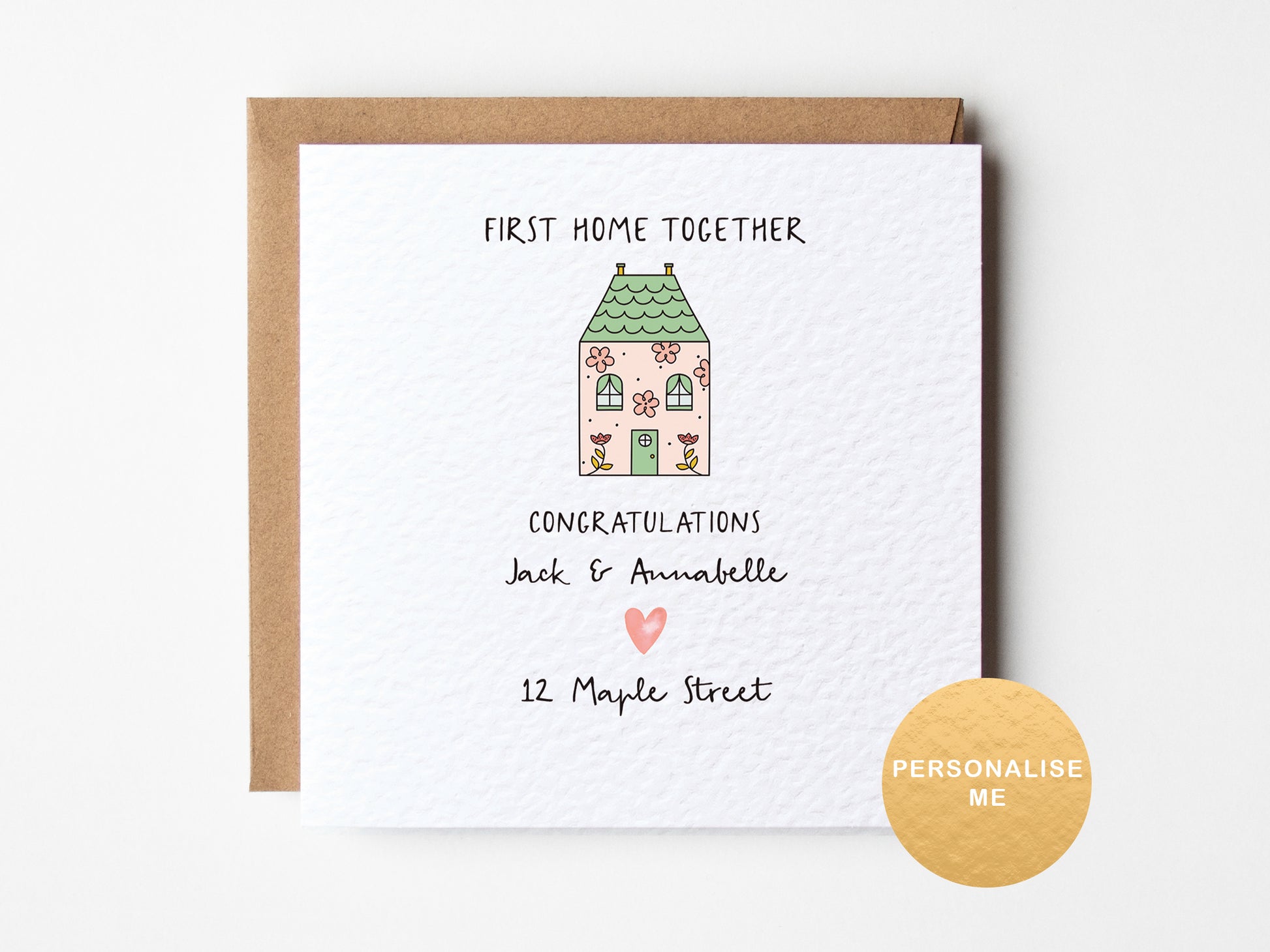 Greeting card with a house illustration and text on a white background