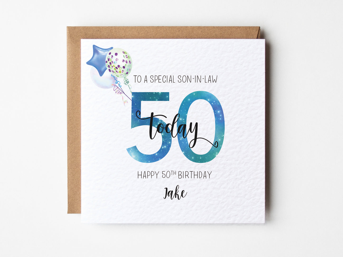 Birthday card for a special son-in-law with a blue balloon design on a white background