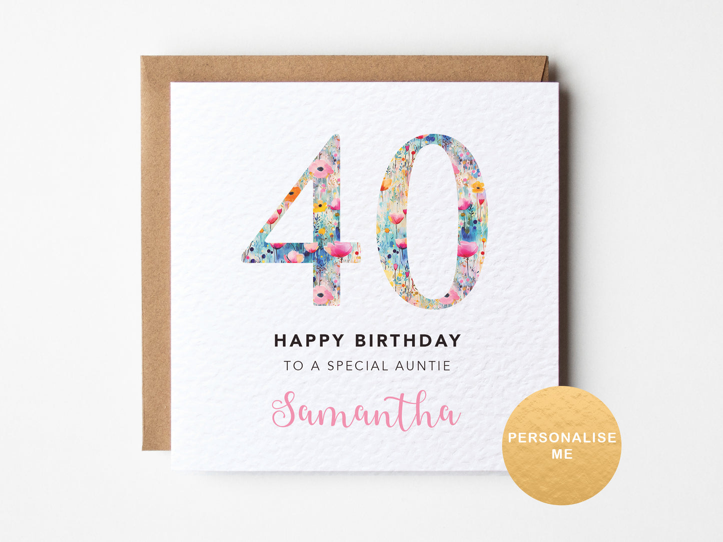 Birthday card with floral number '40' and personalized text on a white background