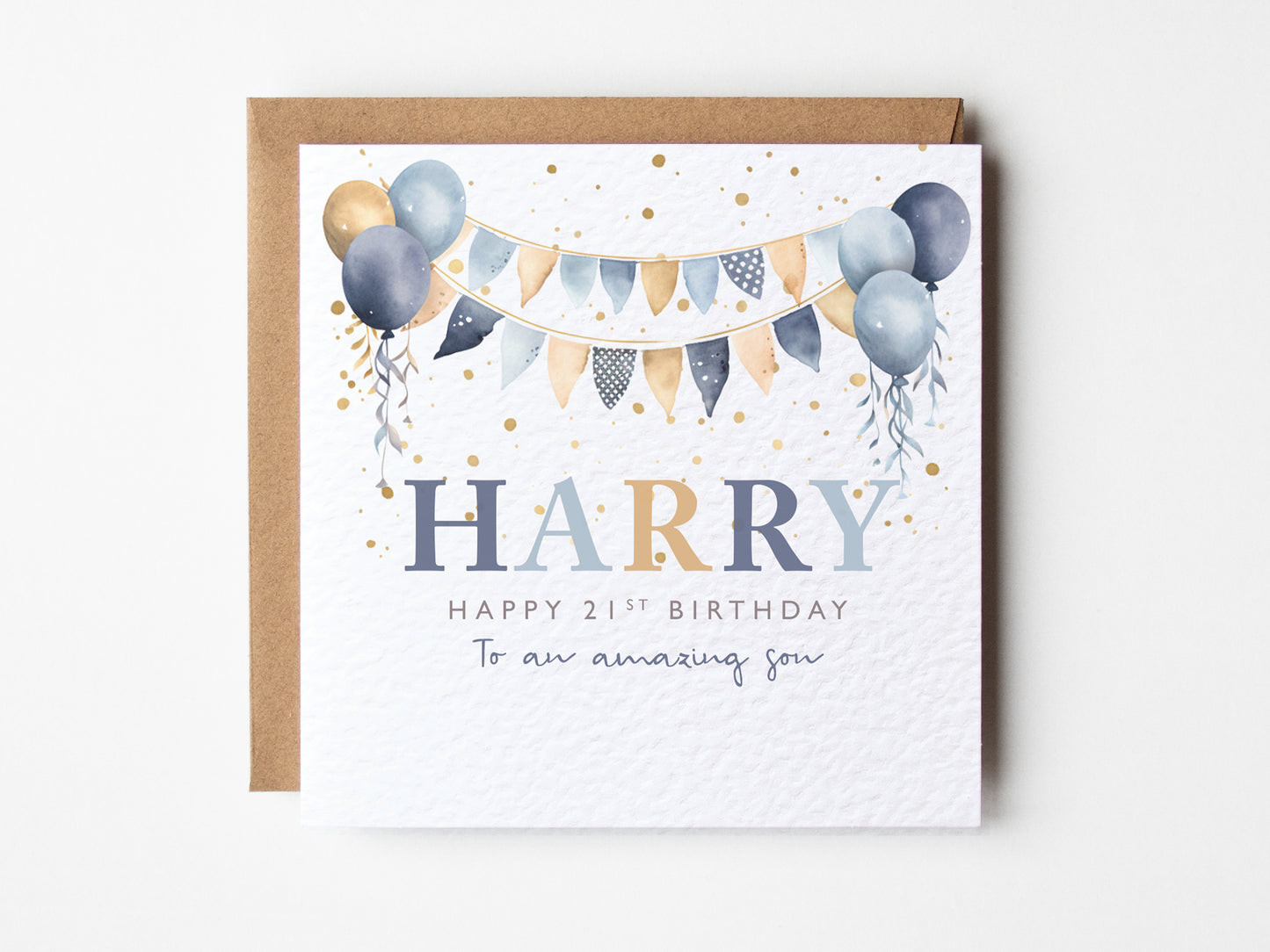 Birthday card with balloons and 'Harry' text on a white background