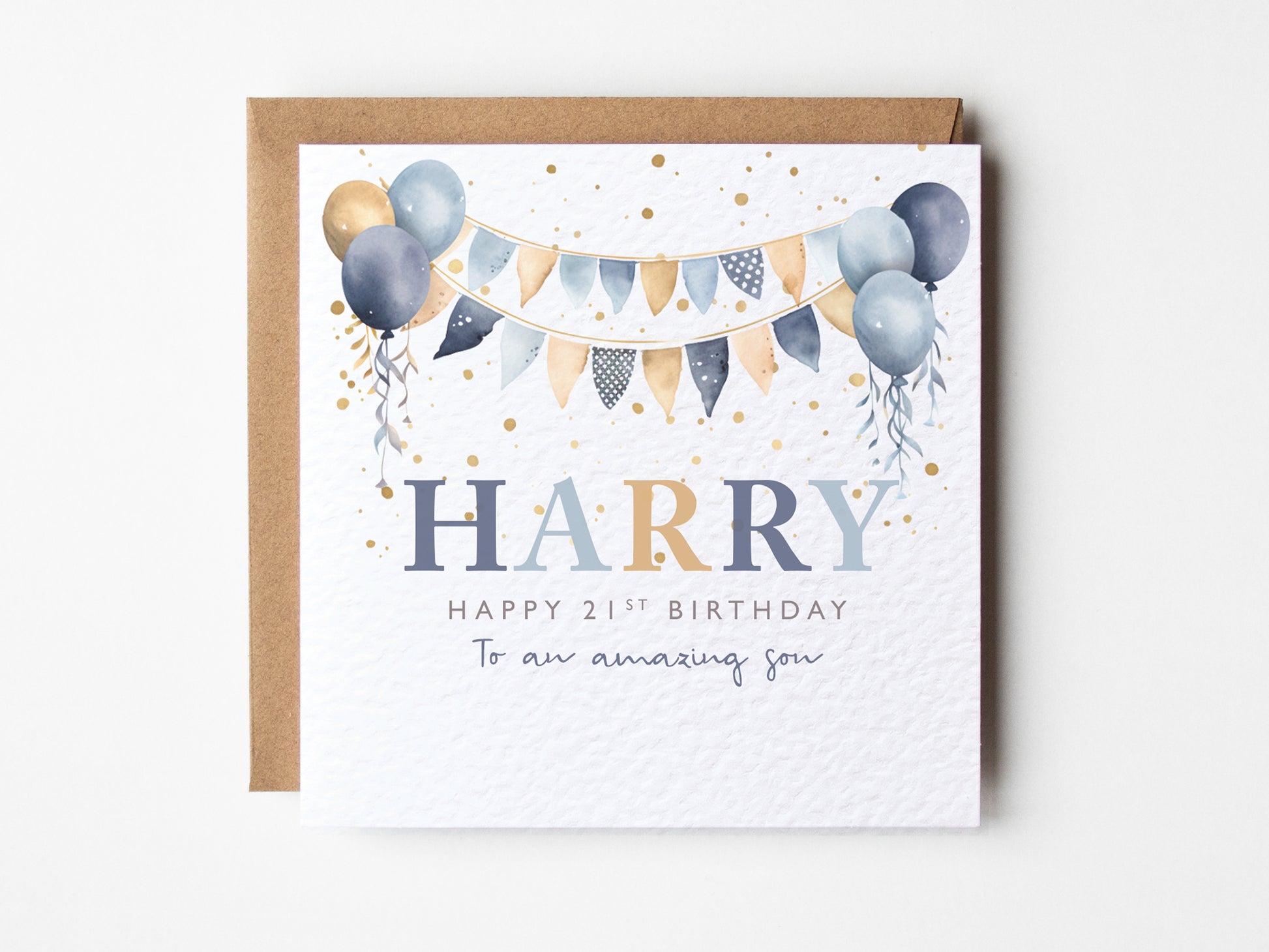 Birthday card with balloons and 'Harry' text on a white background