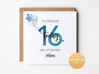 16th birthday card for a special son with balloons and personalized text on a white background.