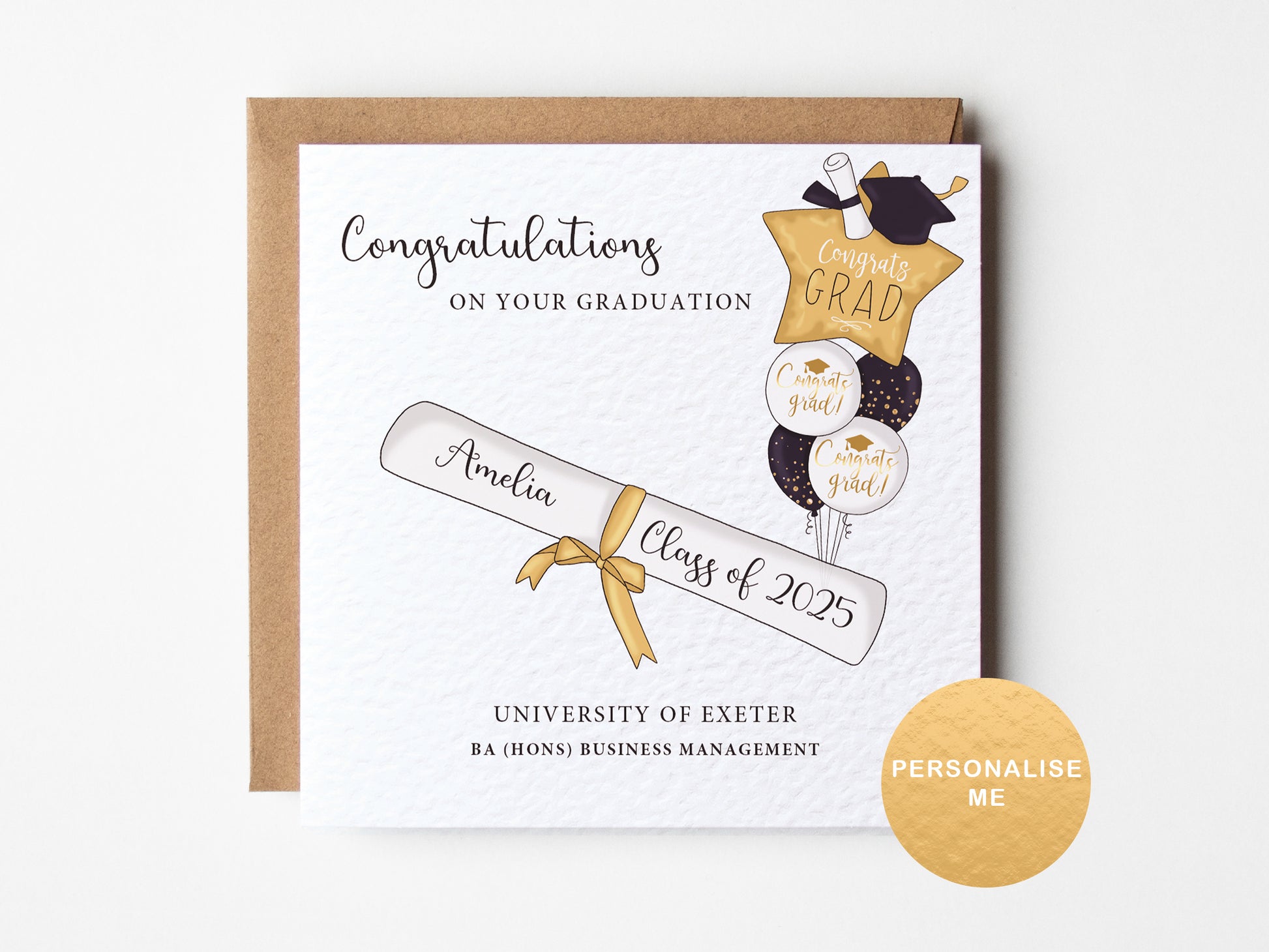 Graduation card with personalized details on a white background