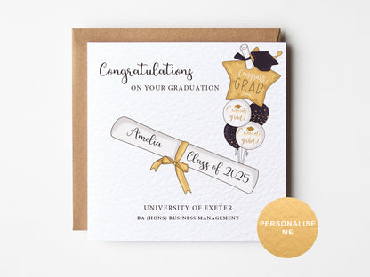 Graduation card with personalized details on a white background
