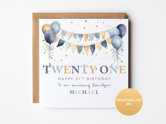 Birthday card for a 21st birthday with balloons and a personalized message on a white background.