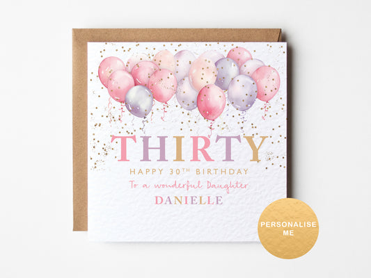 Birthday card with pink and purple balloons and text on a white background