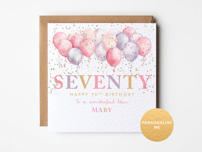 Birthday card with balloons and 'Seventy' text on a white background