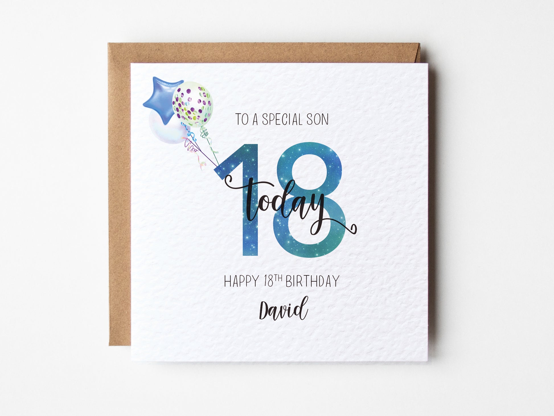 Birthday card for a special son with balloons and text on a white background