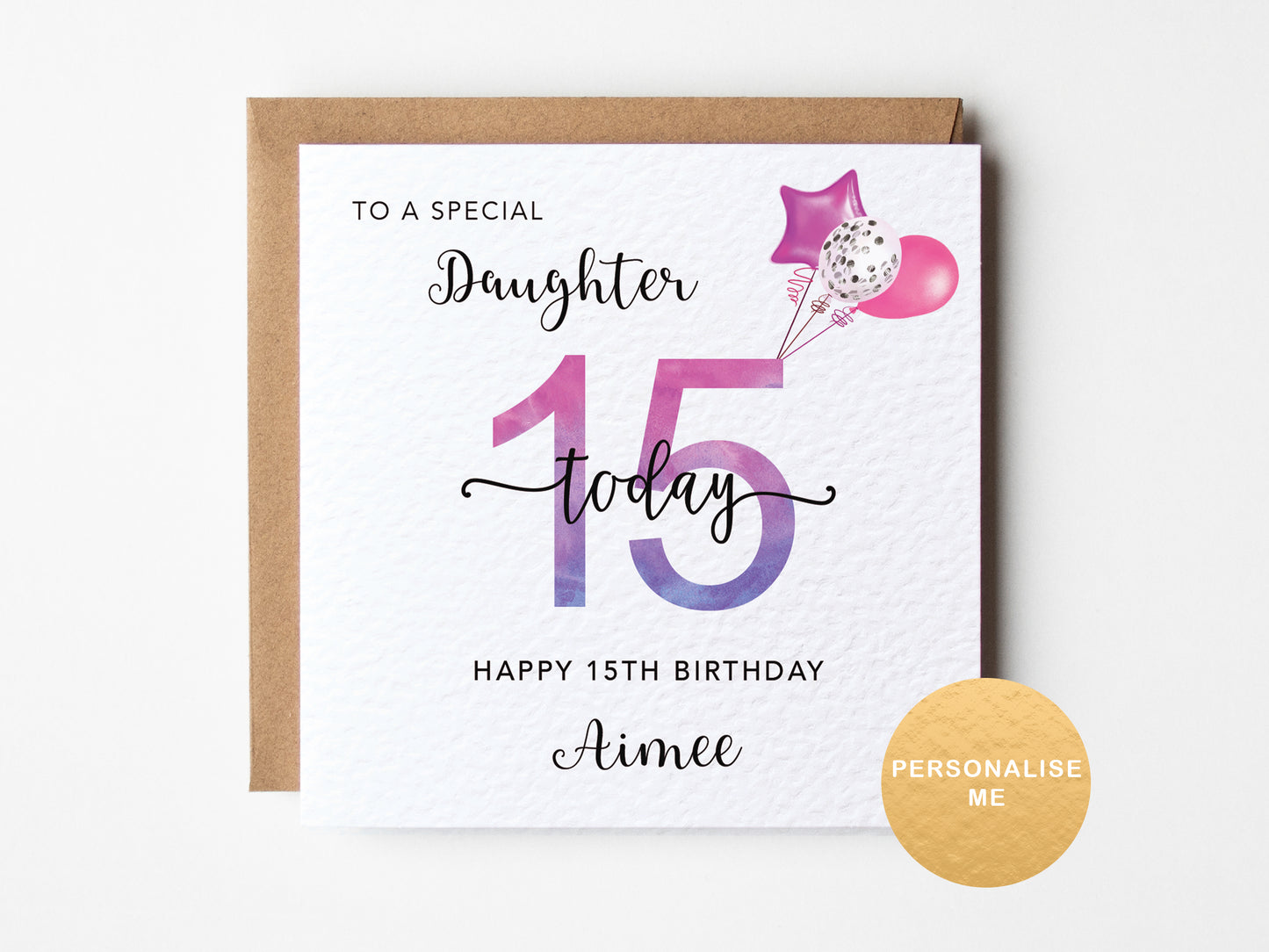 15th birthday card for a special daughter with a pink balloon design on a white background.