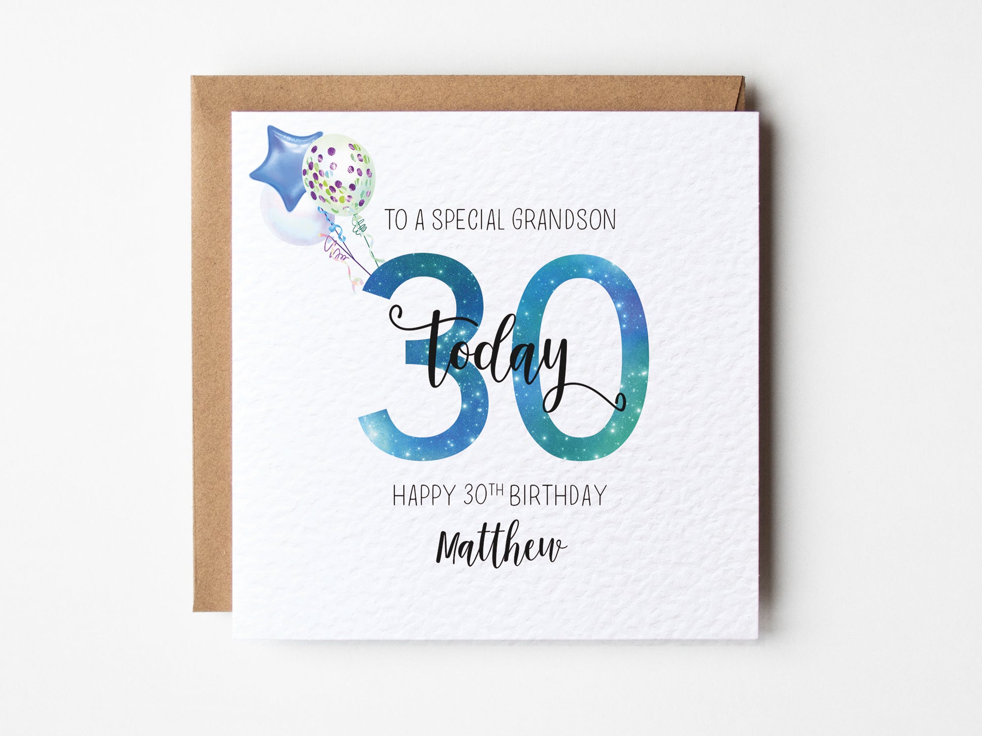 Birthday card for a special grandson with balloons and text on a white background