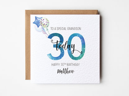 Birthday card for a special grandson with balloons and text on a white background