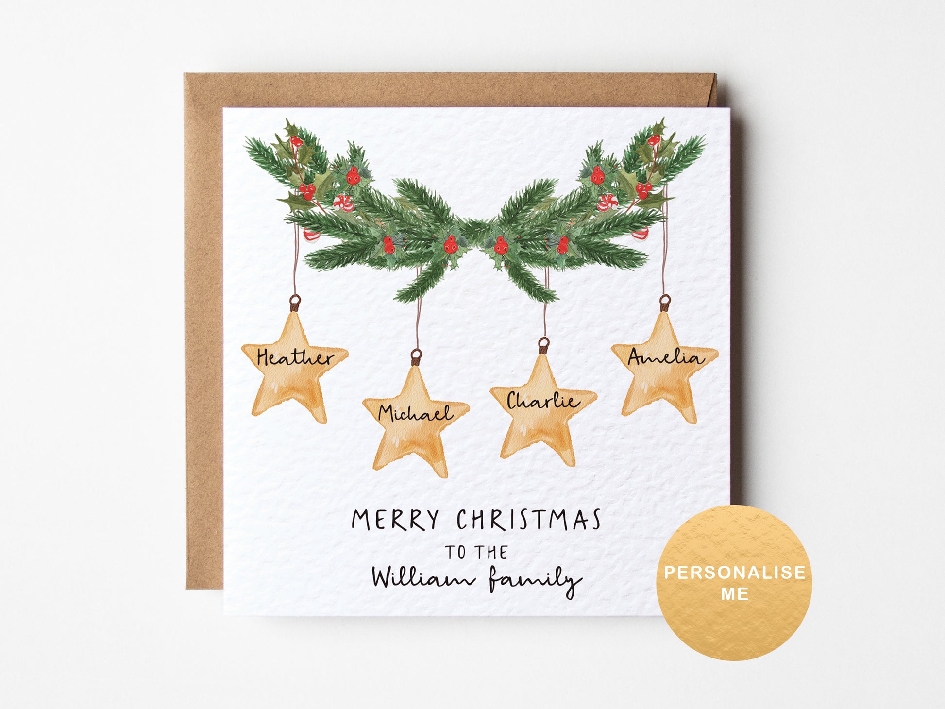 Christmas card with stars and tree branches on a white background
