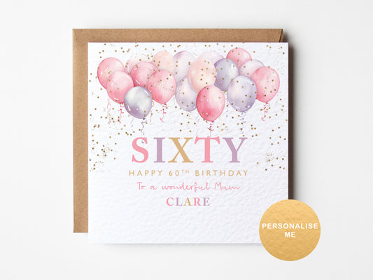 Sixtyth birthday card with balloons and confetti on a white background