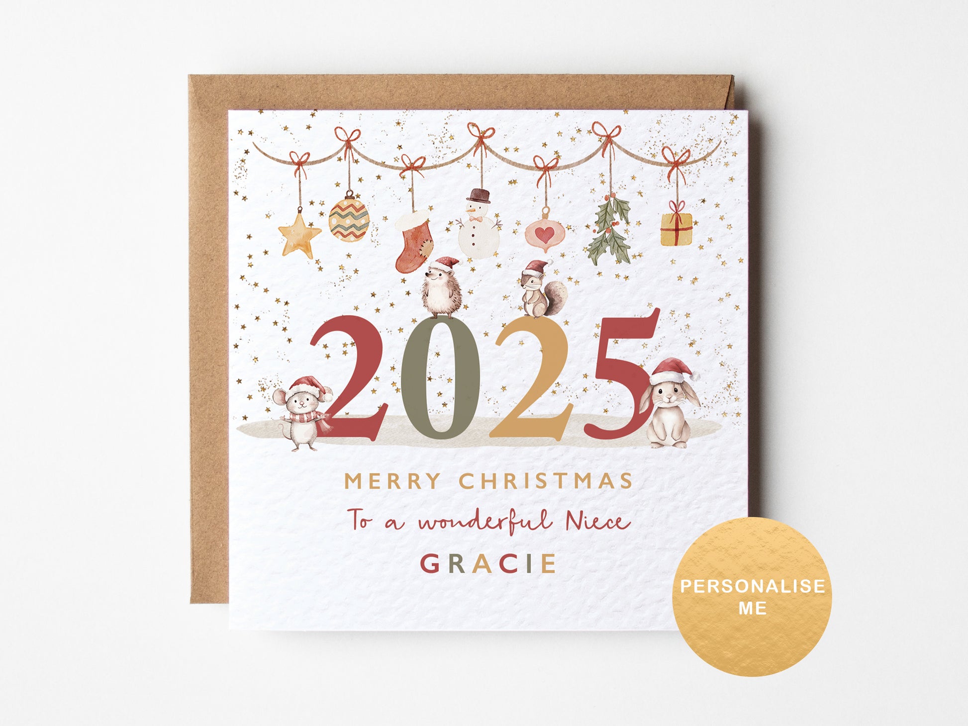 Christmas card with '2025' and festive illustrations on a white background