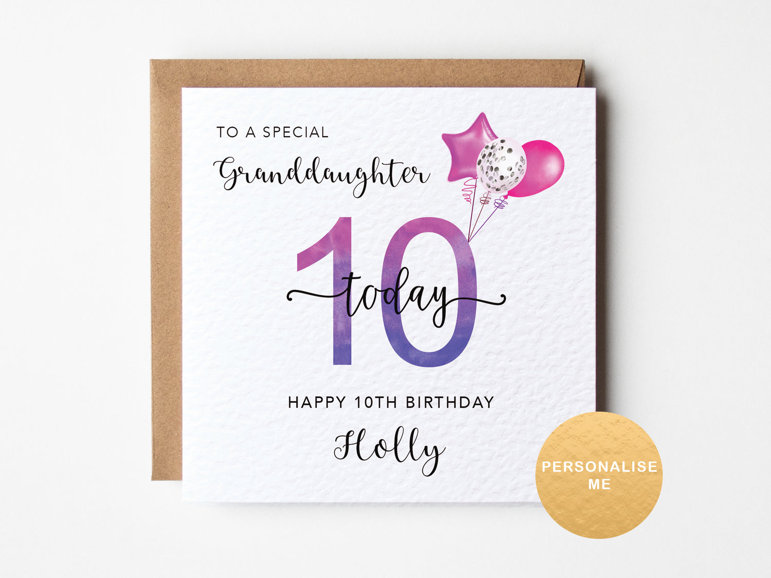 10th birthday card for a granddaughter with balloons and personalized text on a white background.