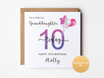 10th birthday card for a granddaughter with balloons and personalized text on a white background.