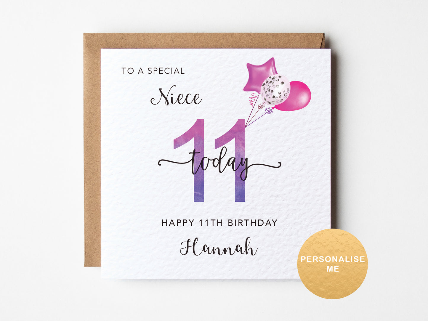 11th birthday card for a niece with balloons on a white background