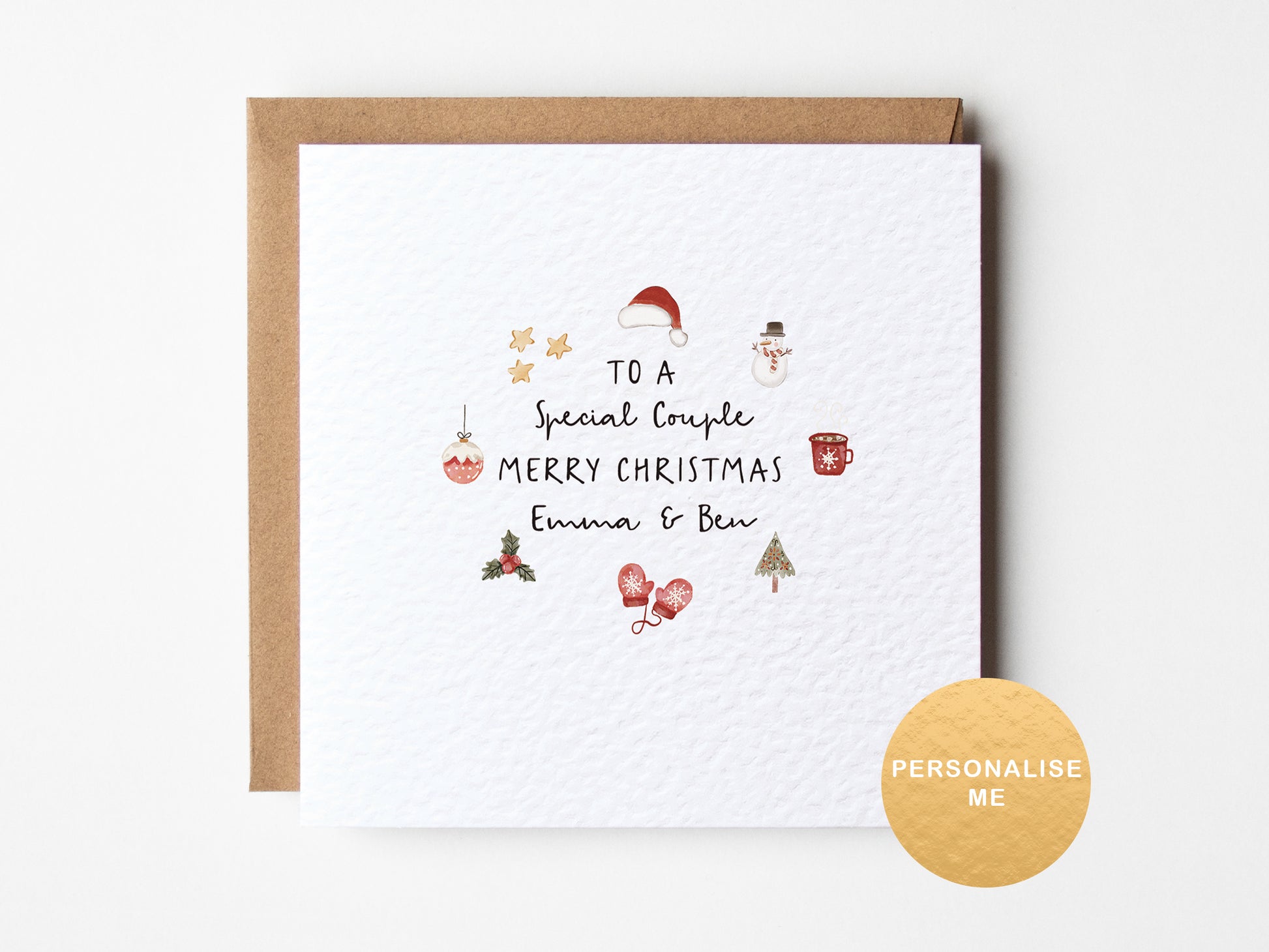 Christmas card with festive illustrations and text on a white background