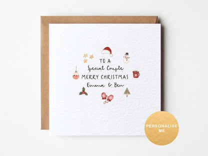 Christmas card with festive illustrations and text on a white background