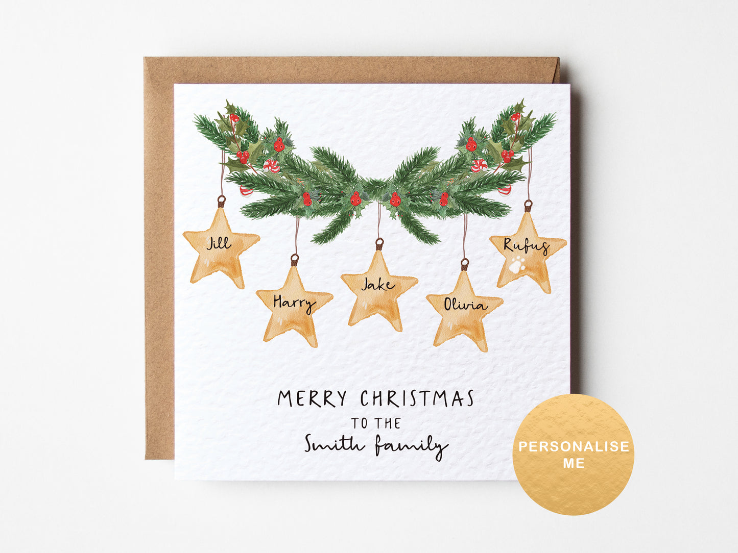 Christmas card with star ornaments and personalized text on a white background