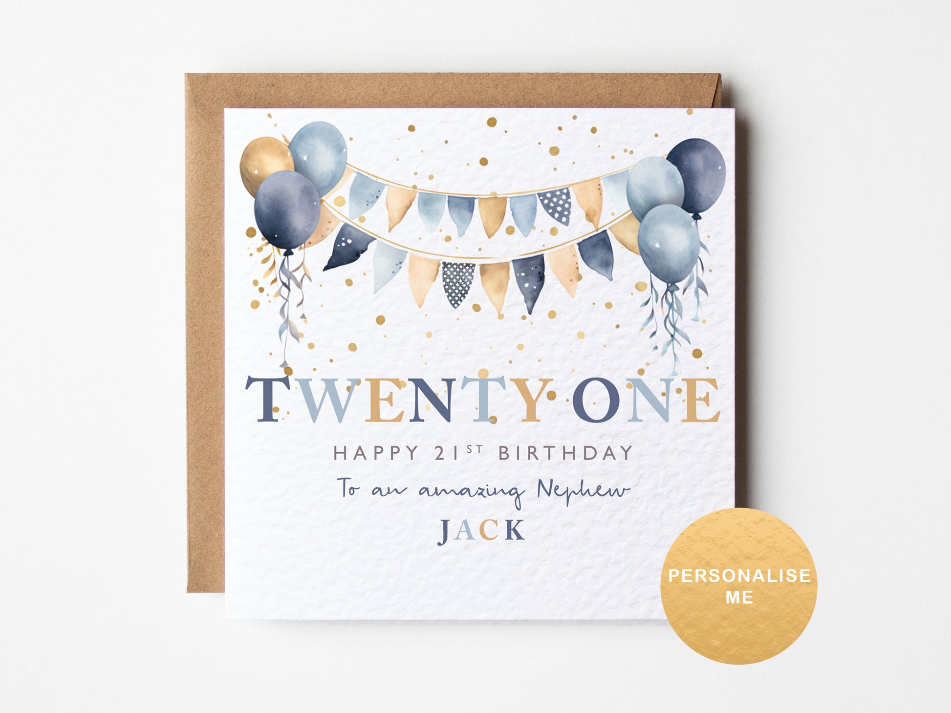 Birthday card with balloons and bunting design on a white background