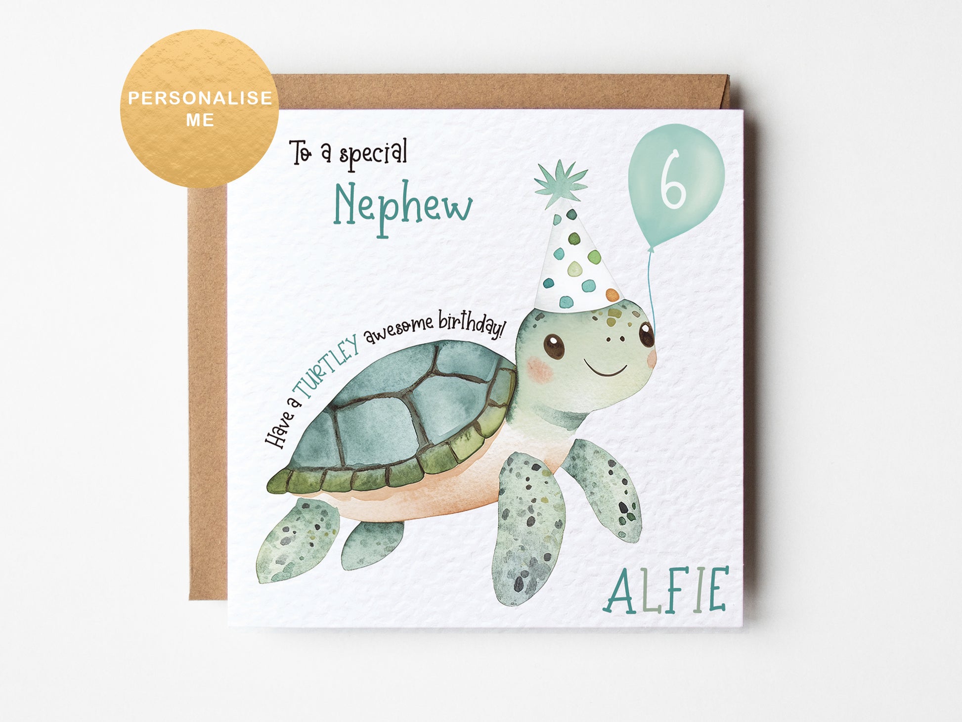 Birthday card with a turtle illustration and personalized text on a white background