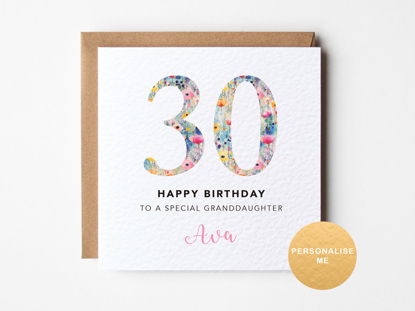Birthday card for a special granddaughter with floral numbers and personalized text on a white background.