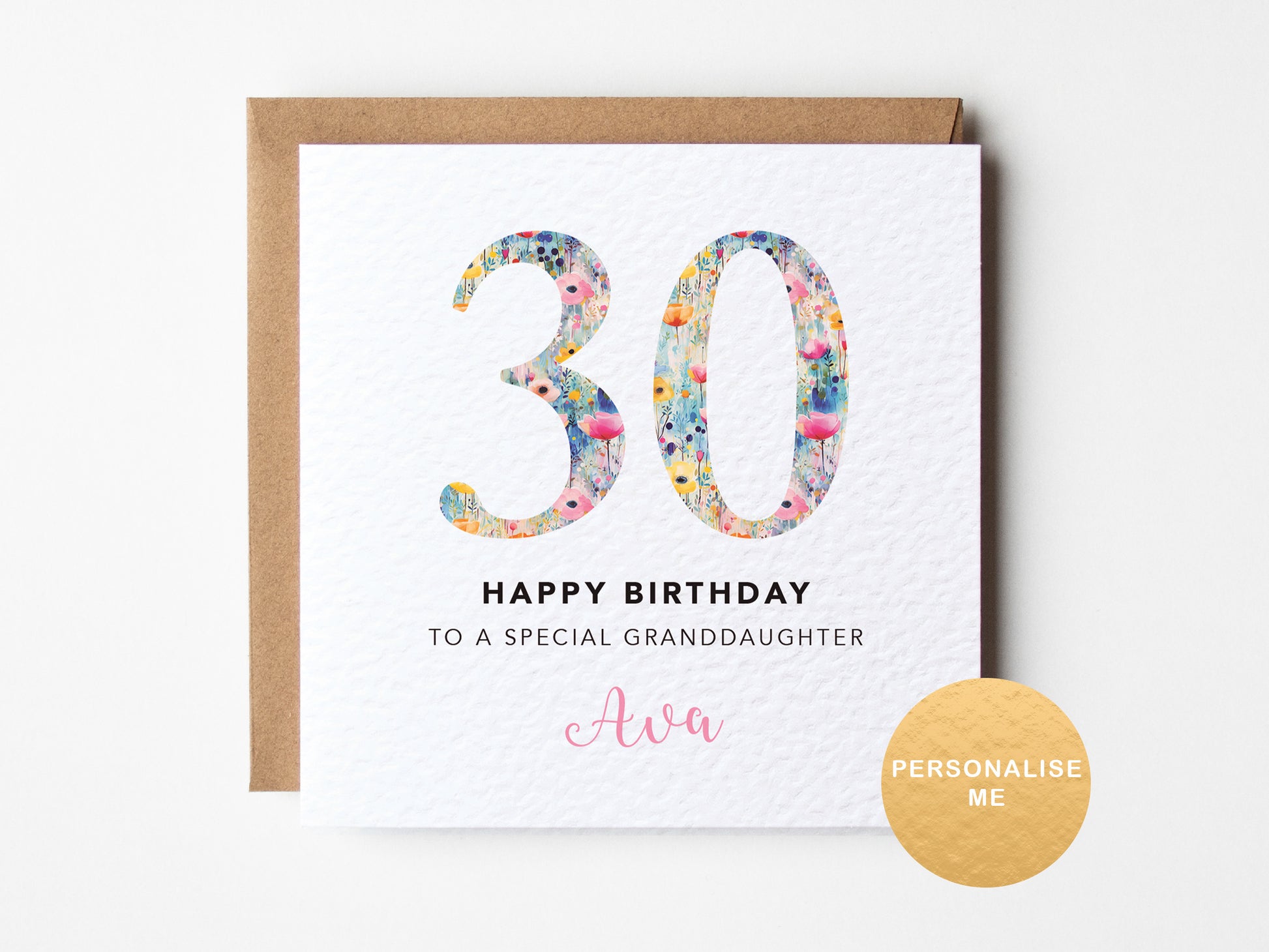 Birthday card for a special granddaughter with floral numbers and personalized text on a white background.