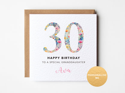 Birthday card for a special granddaughter with floral numbers and personalized text on a white background.