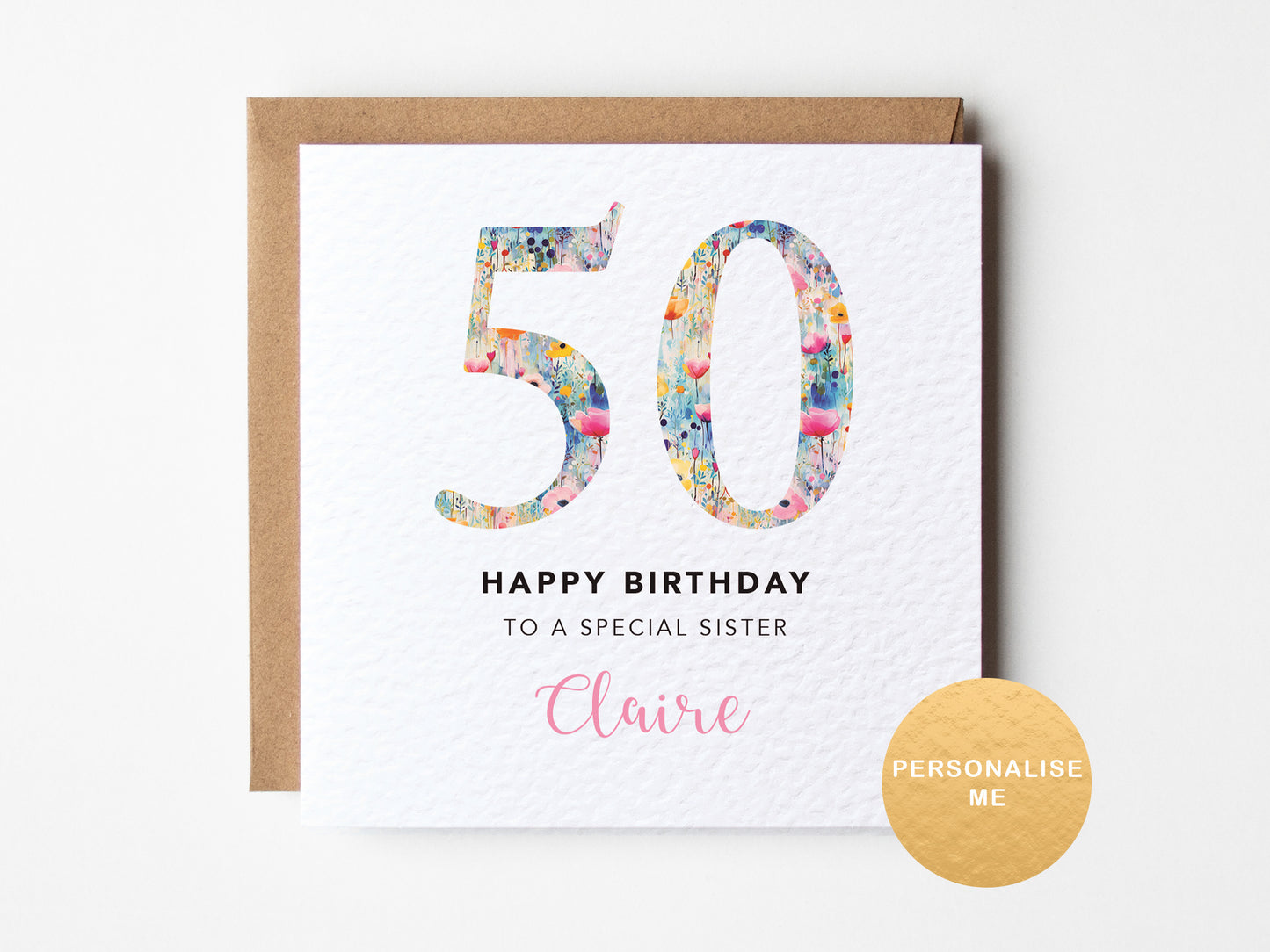 Floral 50 on white background with personalised birthday text