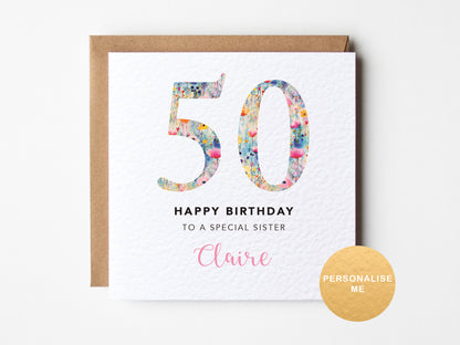 Floral 50 on white background with personalised birthday text