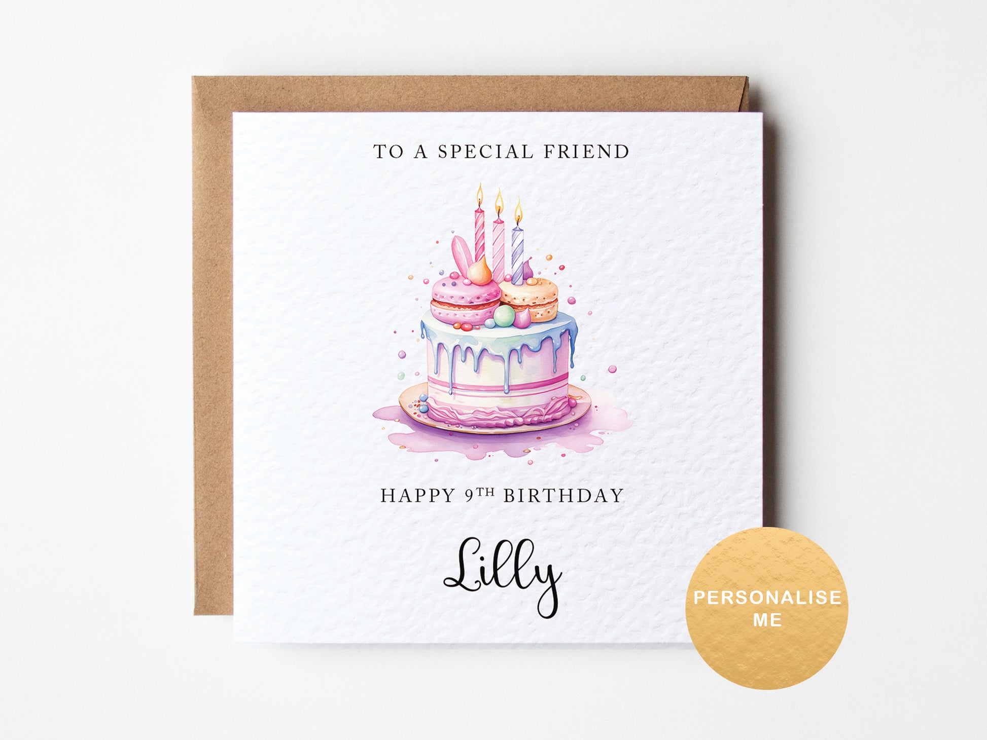 Birthday card with a cake illustration and personalized text on a white background