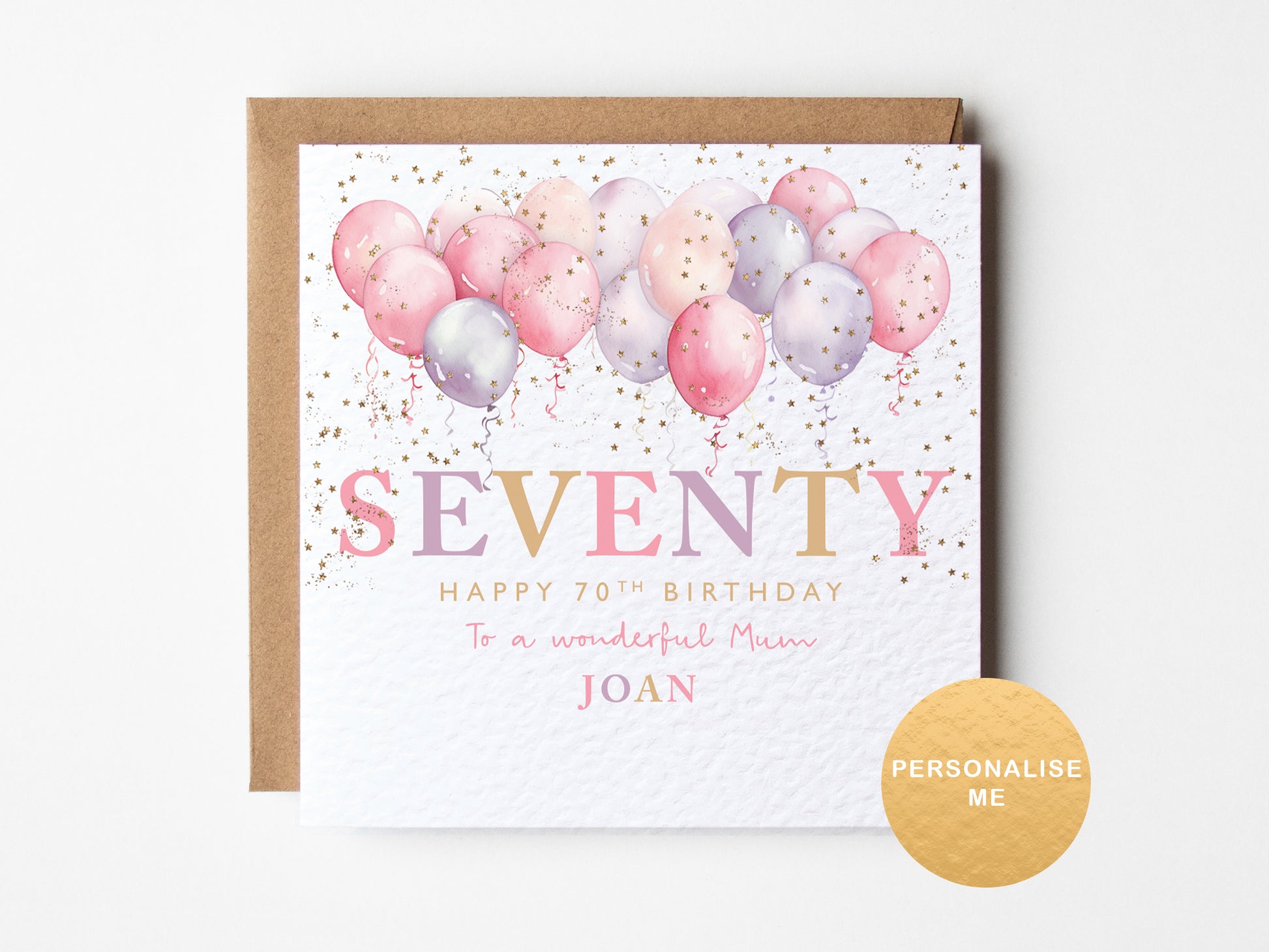 Birthday card with balloons and 'Seventy' text on a white background