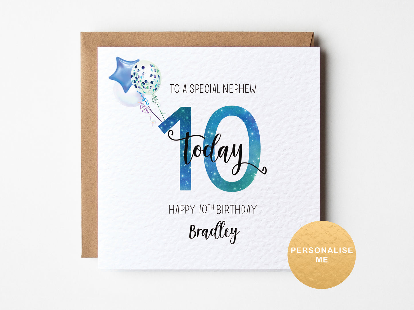 Birthday card for a special nephew on his 10th birthday with a blue balloon design.