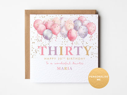 Birthday card with balloons and 'THIRTY' text on a white background