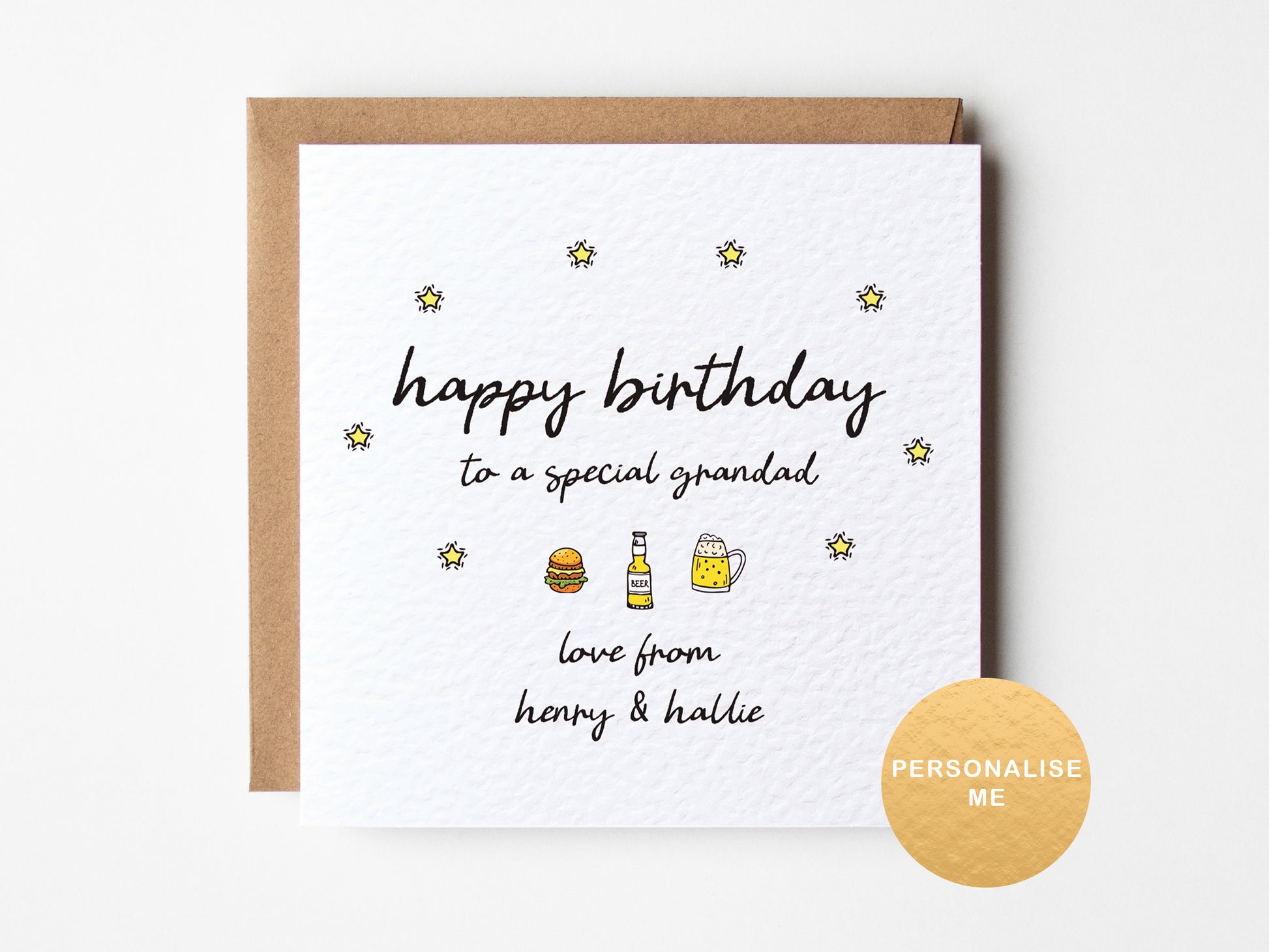 Birthday card for a special grandad with illustrations and text on a white background