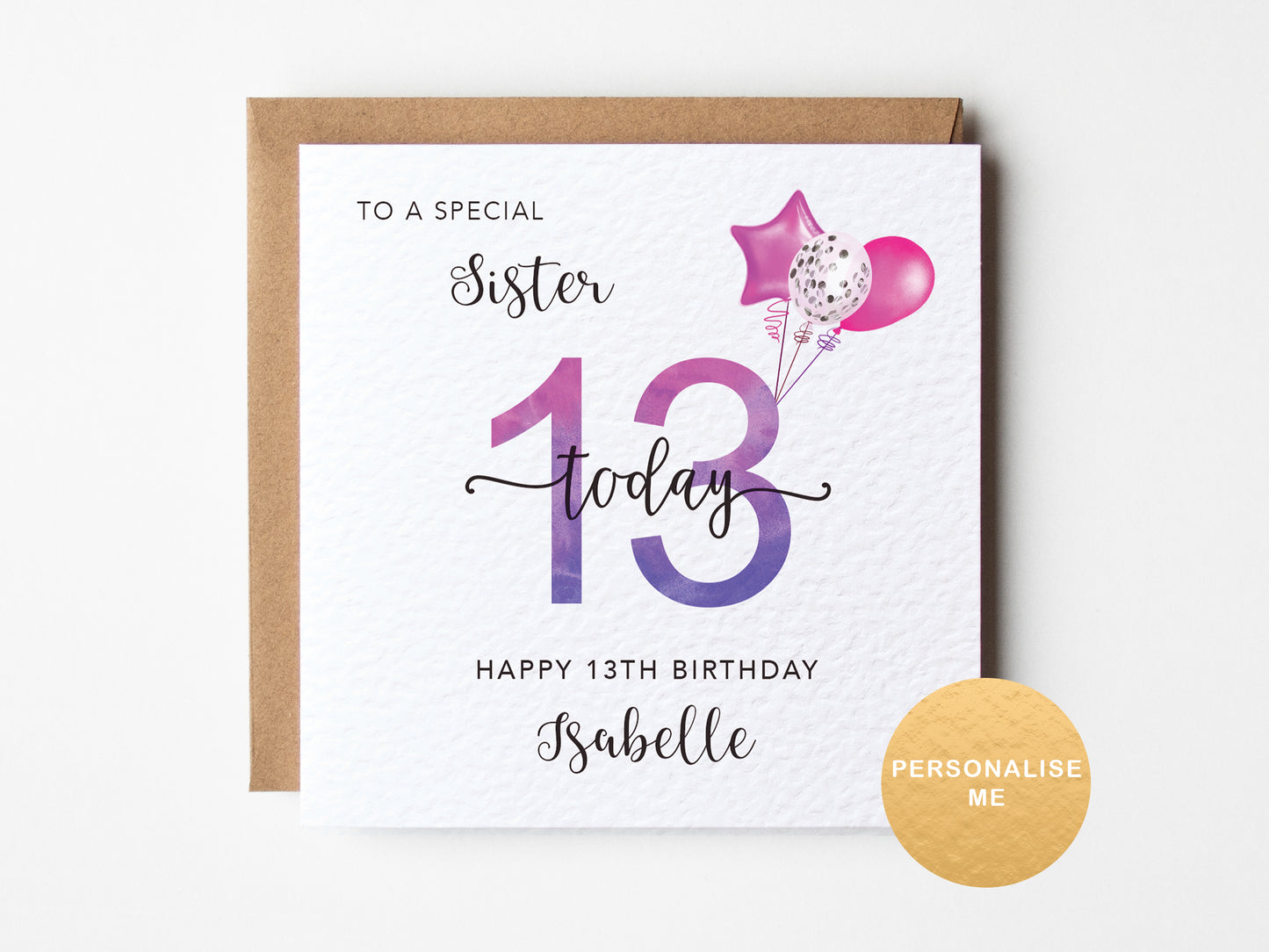 13th birthday card for a sister with balloons on a white background