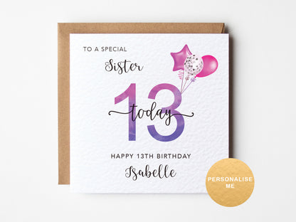 13th birthday card for a sister with balloons on a white background