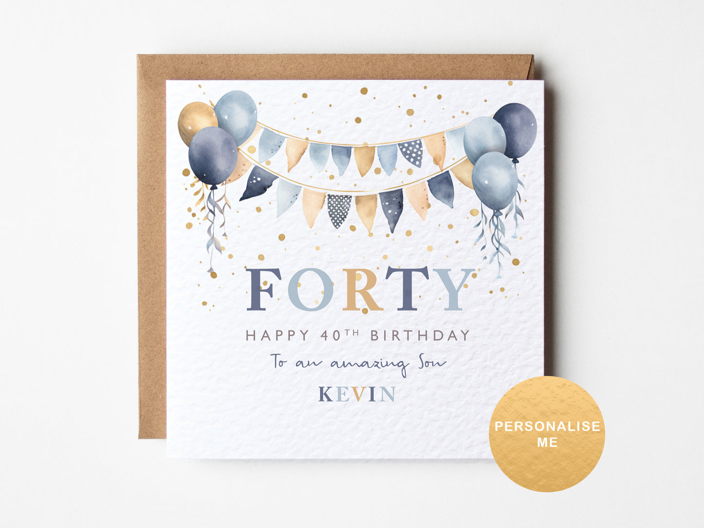40th birthday card with balloons and personalized text on a white background