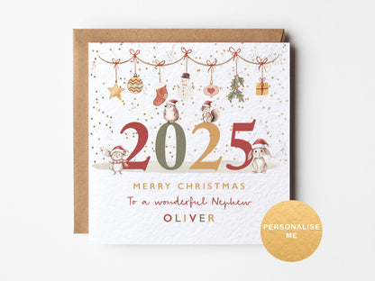 Christmas card with '2025' and festive illustrations on a white background