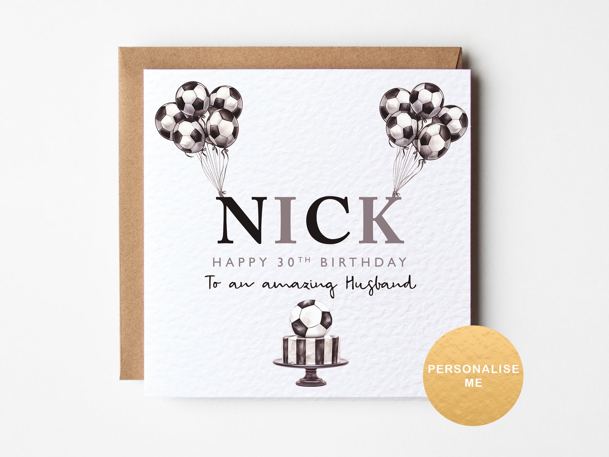 Personalised birthday card with balloons in the style of a football. 