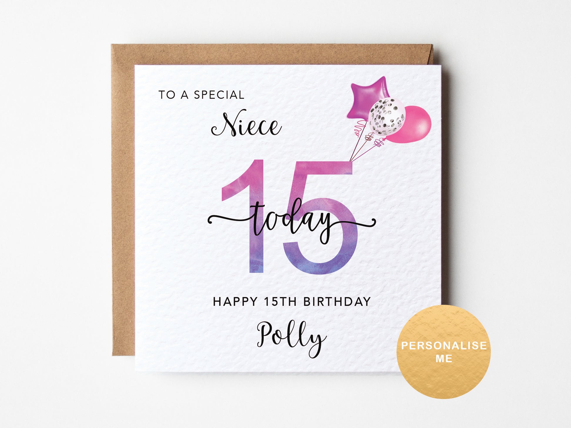 15th birthday card with pink and purple design on a white background