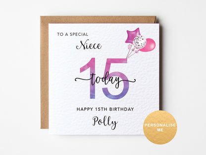 15th birthday card with pink and purple design on a white background