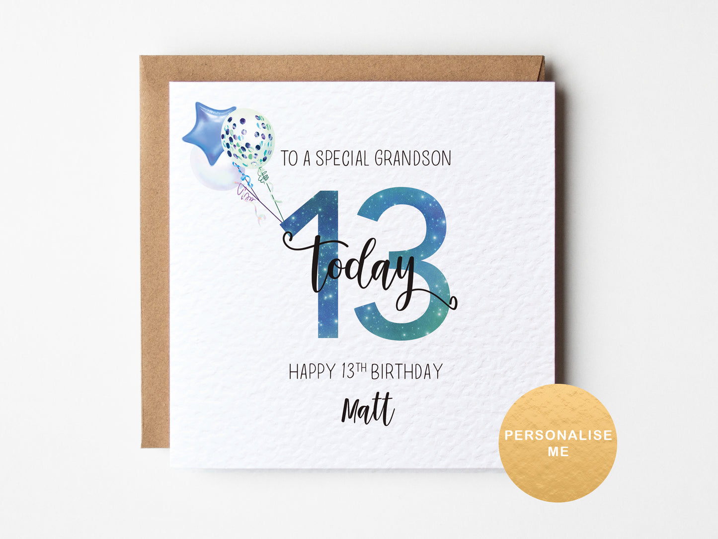 Birthday card for a special grandson on his 13th birthday with a blue balloon design.