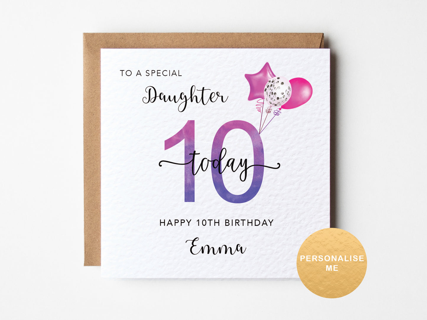 10th birthday card for a special daughter with balloons and a personalized name on a white background.