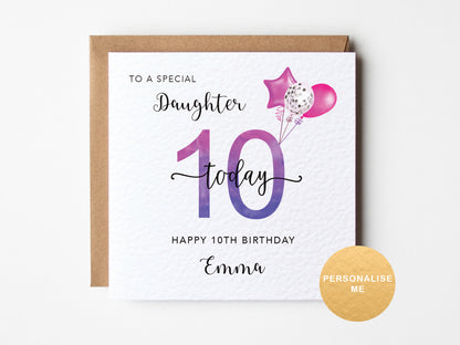 10th birthday card for a special daughter with balloons and a personalized name on a white background.