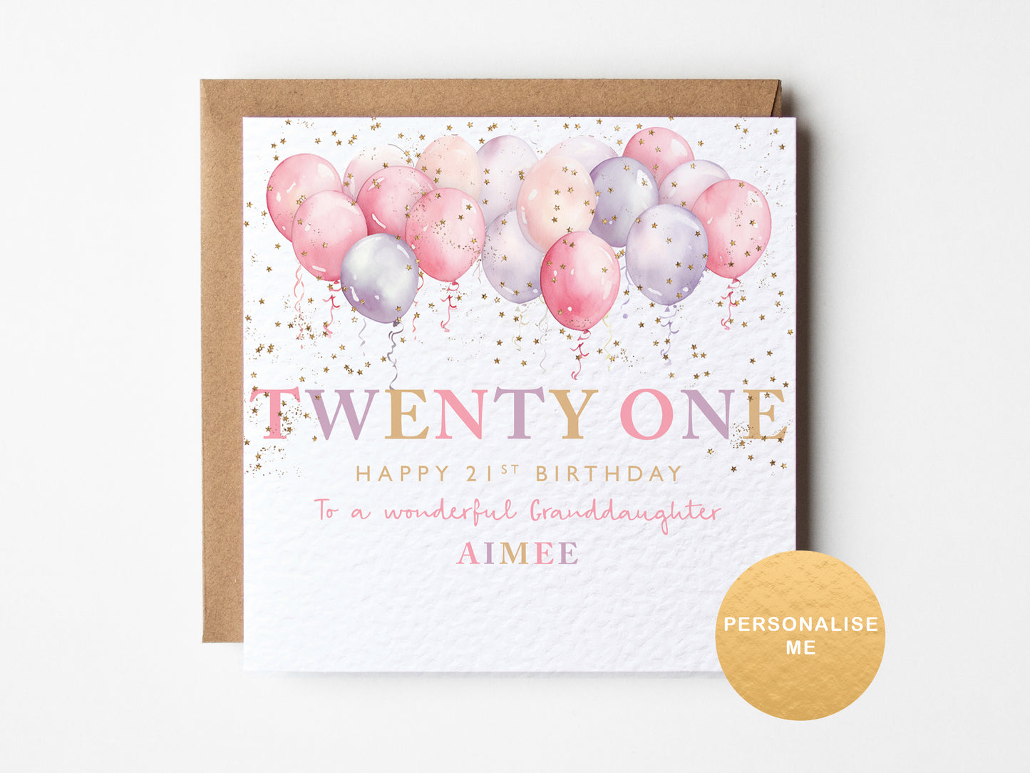 Birthday card with pink and purple balloons and text on a white background